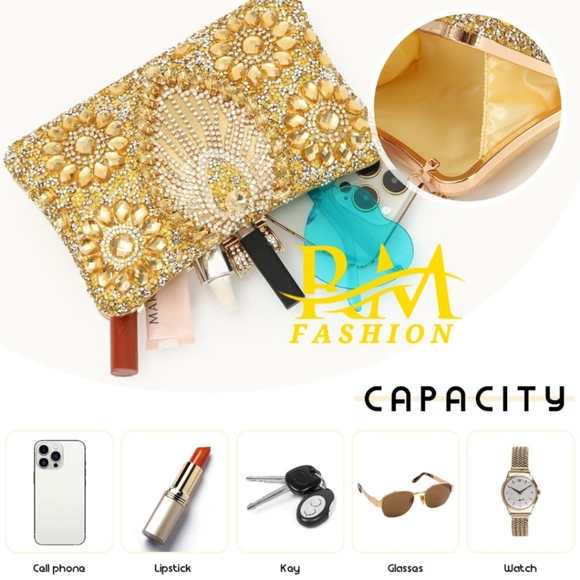 Womens Evening Gold Clutch Bag with Rhinestone - Picture 4 of 5